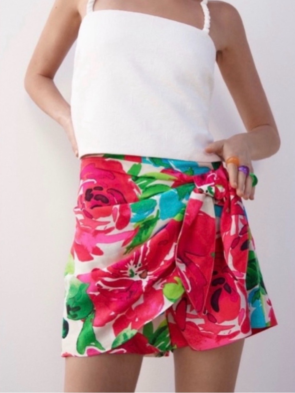 Zara Linen Floral Tie-Waist Women’s Shorts in Pink, Blue & Green